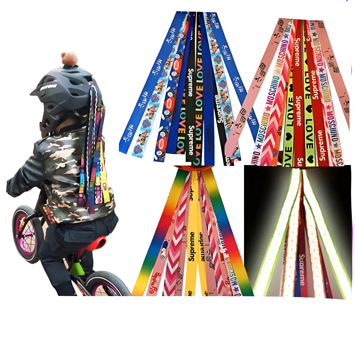 A single colourful ribbon streamer for decorating a child's roller skating or ski helmet.