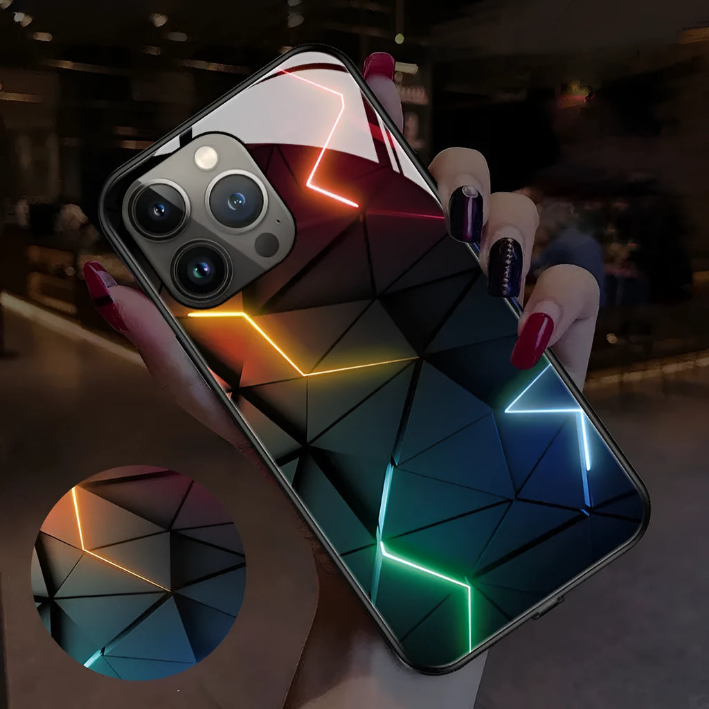 Smart luminous protective phone case for iPhone with glow-in-the-dark design on tempered glass back.