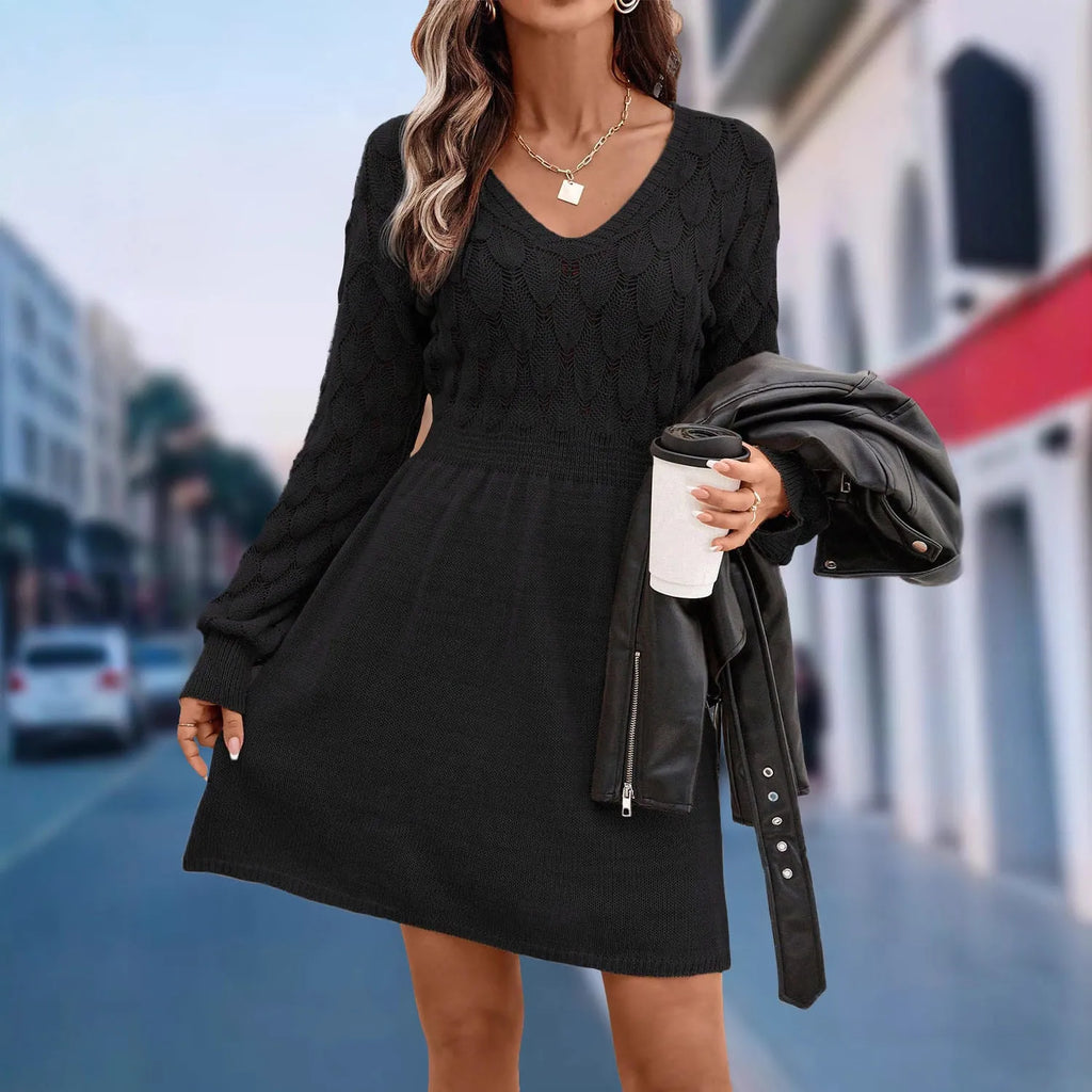 Women's artistic retro V-neck long sleeve dress with 3D pattern in acrylic fabric
