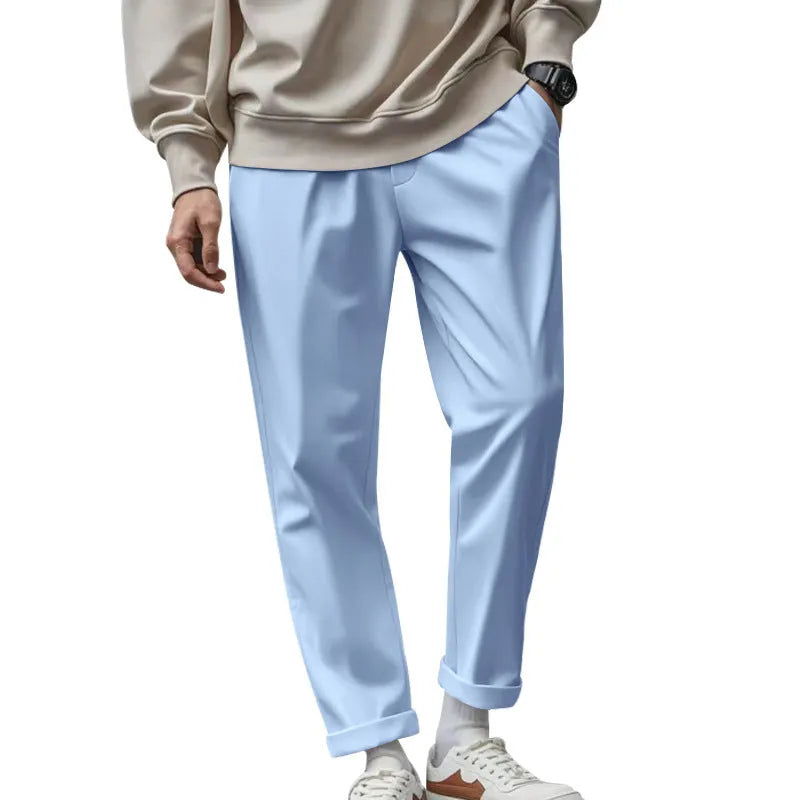 Men's loose straight casual trousers with pockets, mid waist drawstring, quick-drying polyester, seven colours
