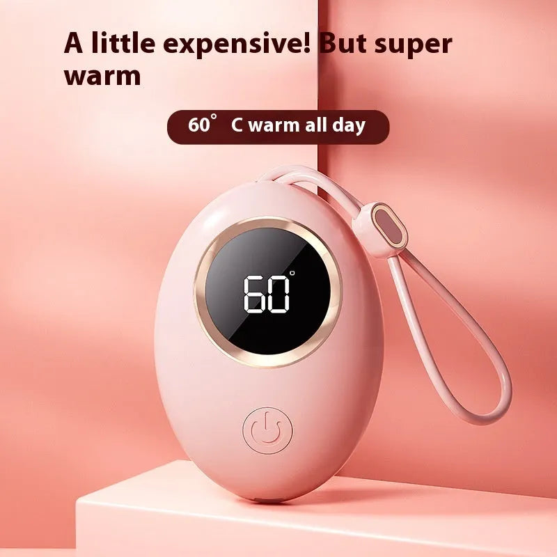 USB-powered hand warmer power bank with digital display showing aluminium heat dissipation surface in multiple colour options