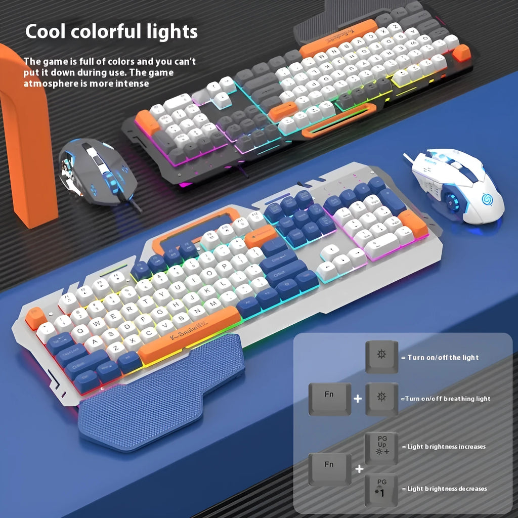 Blue wired gaming keyboard and mouse set with backlit keys on desktop