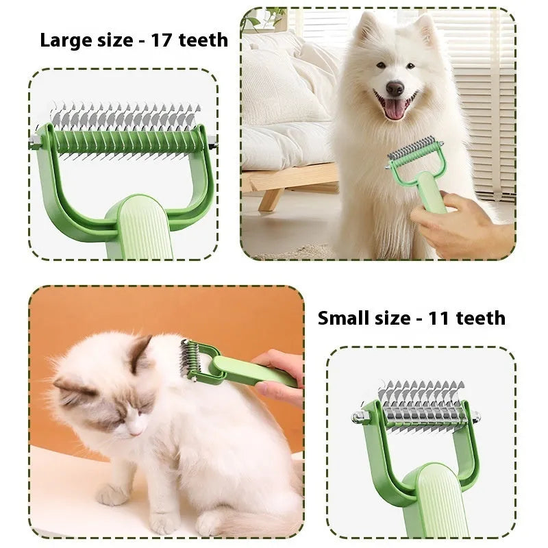 Green dog grooming comb with stainless steel teeth for removing knots from pet hair