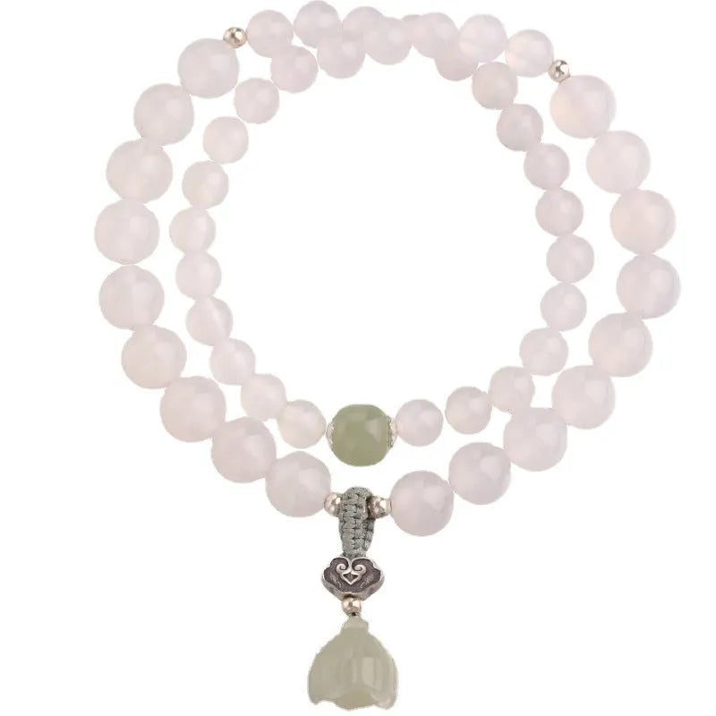 Women's S925 silver bracelet with white agate and Hetian jade stones in geometric lotus pattern