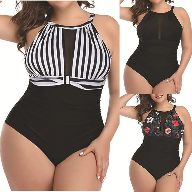Women's black lace-trimmed one-piece swimsuit on a mannequin, front view.
