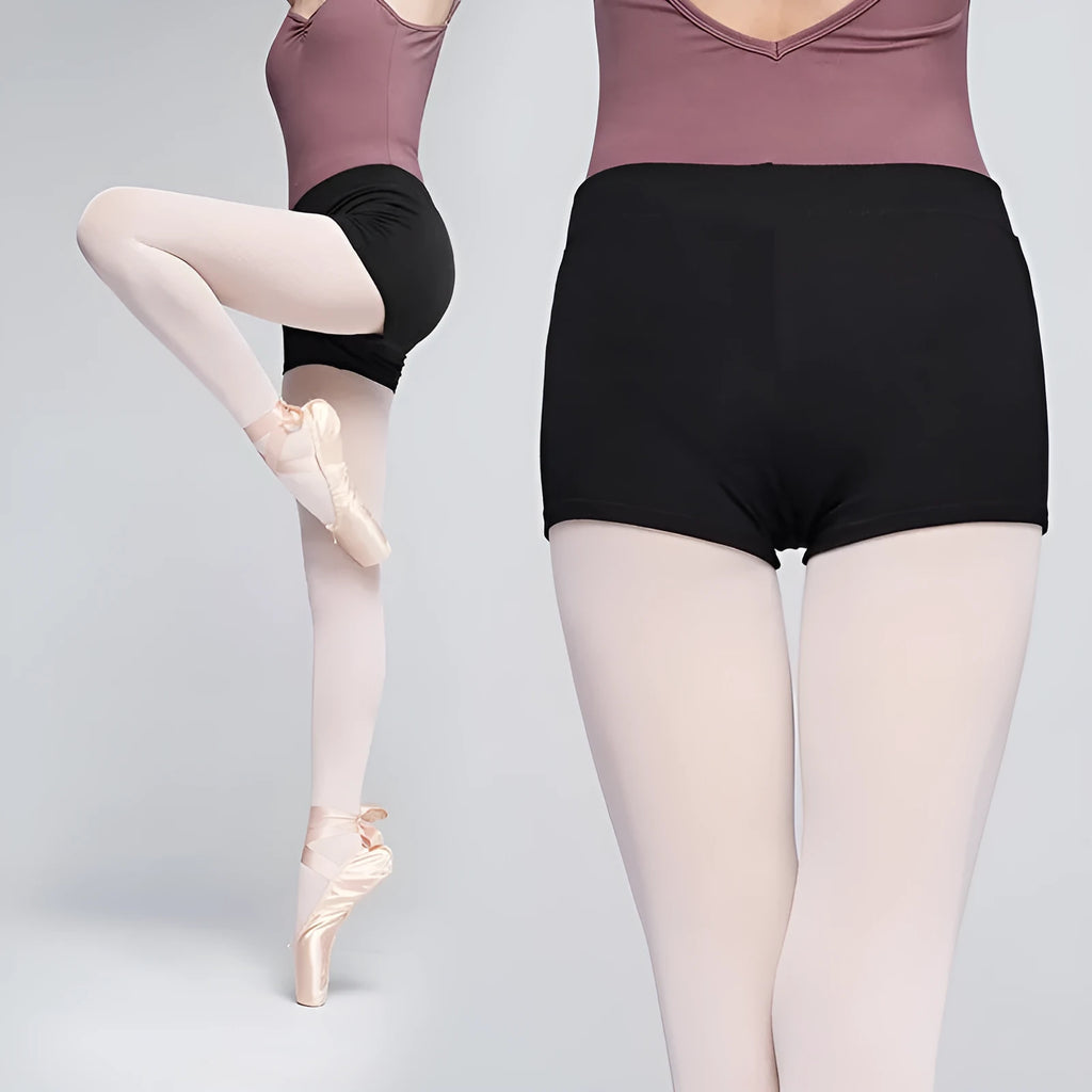 Black cotton women's dance practice shorts laid flat, shown in a solid colour.