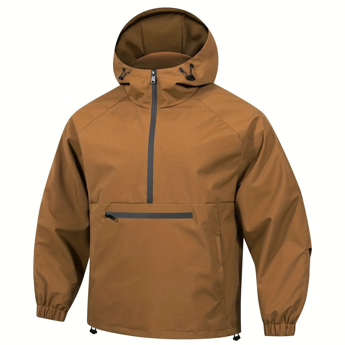 Men's light gray Korean-style loose half-zip hooded corduroy jacket on a hanger.
