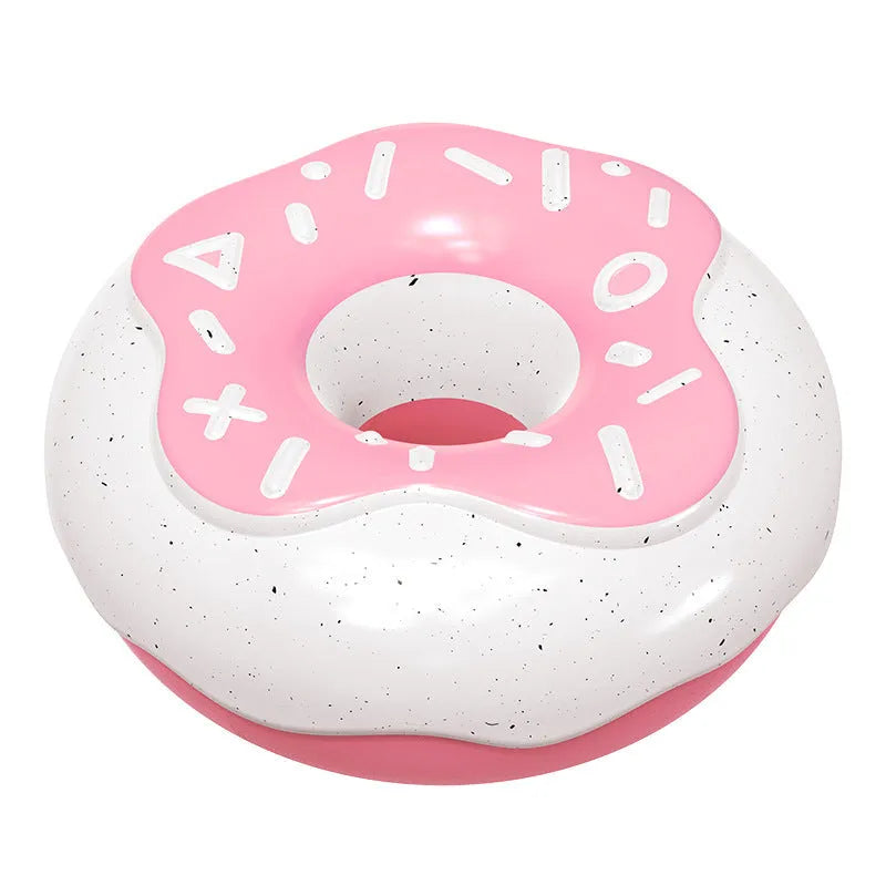 Pink TPR donut-shaped dog toy with squeaker, shown next to yellow and chocolate versions.