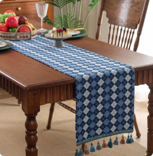 Polyester cotton blend table runner with handwoven tassels in European retro style