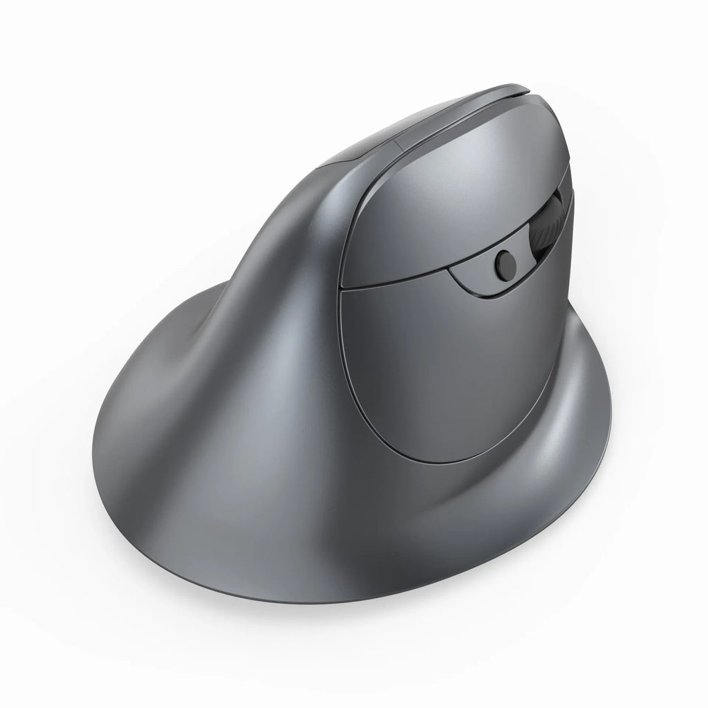 Grey handheld Bluetooth vertical mouse on a desk next to a laptop.
