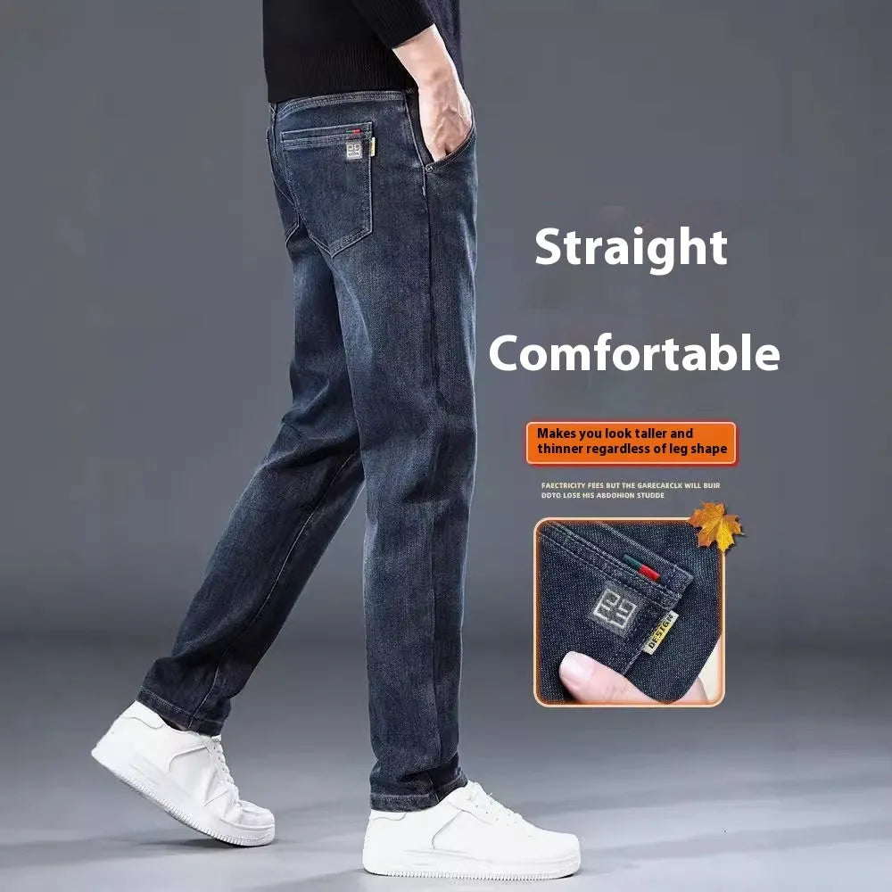 Men's slim straight casual trousers in blue grey, showing loose fit and street fashion style.