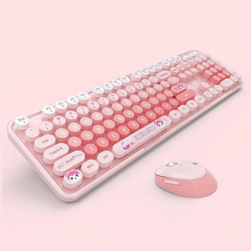 Wireless keyboard and mouse set in mixed colour options including blue, pink and purple variants
