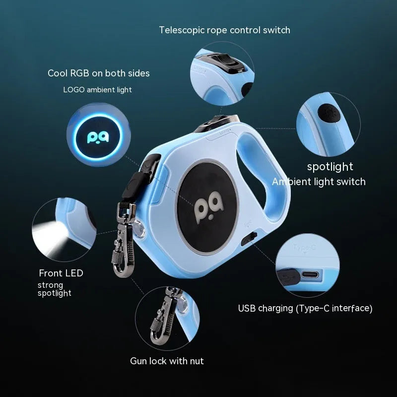 LED retractable dog lead 5 metre USB rechargeable outdoor leash in sky blue, cherry powder, high end purple or black and white