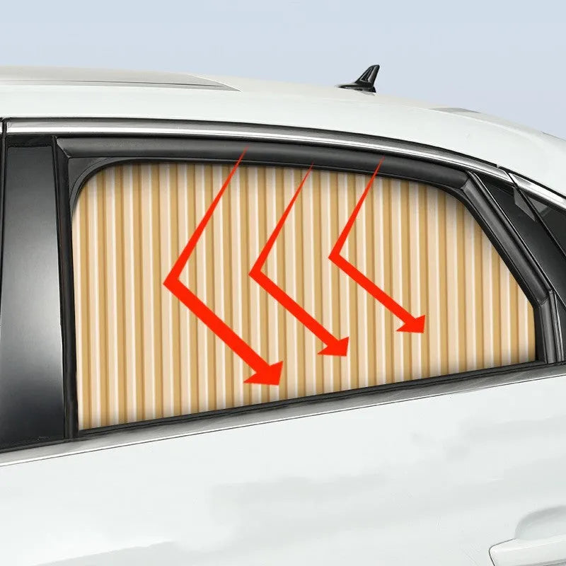 Auto retractable sun curtain car sunshade in black colour showing roller shutter mechanism