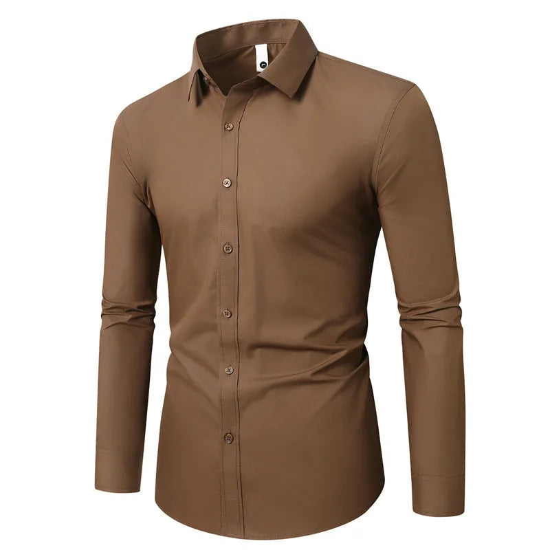 Loose fit long-sleeve linen shirt on a hanger, shown in a light colour.