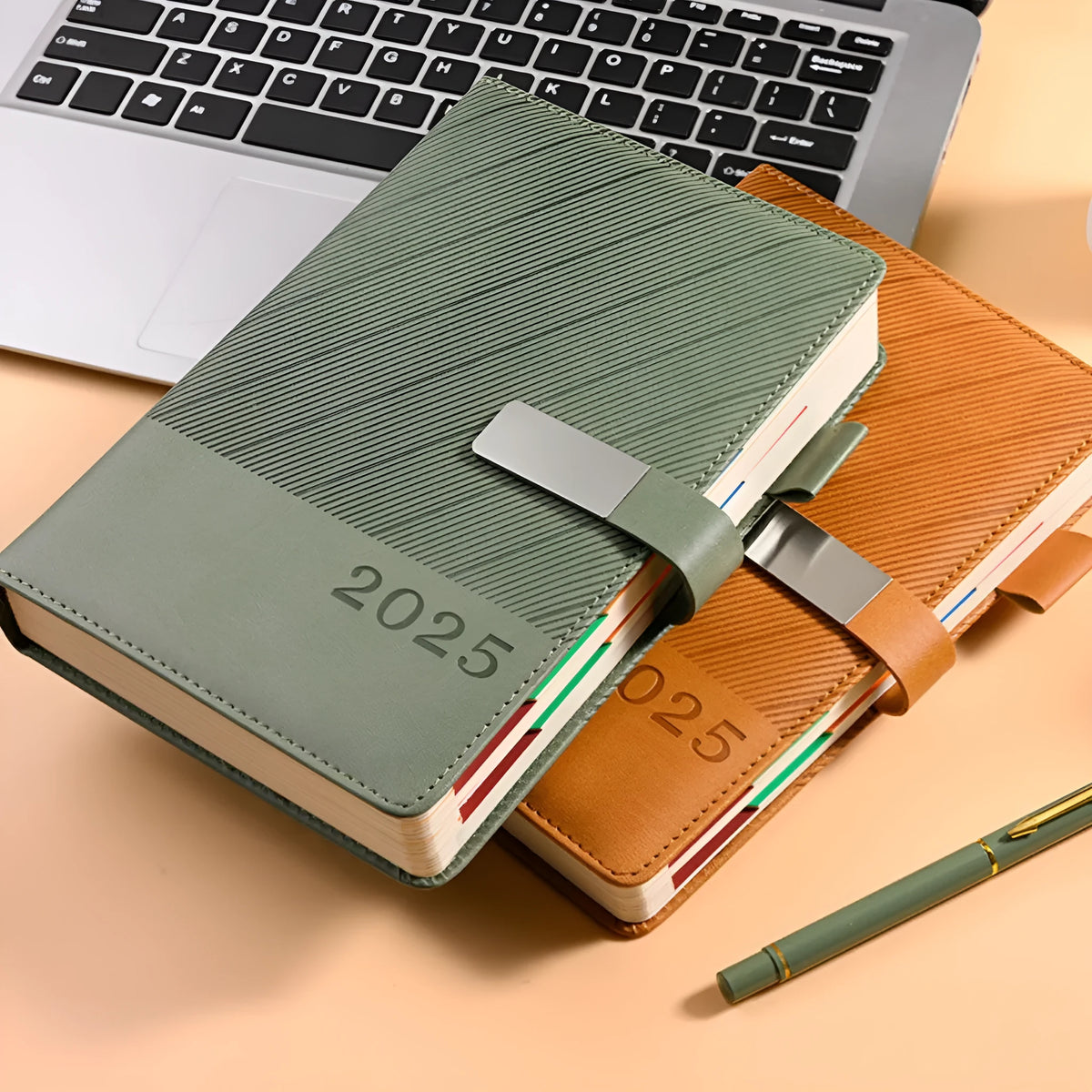 A5 office notepad with striped PU leather cover open on 80g Wood-free paper.