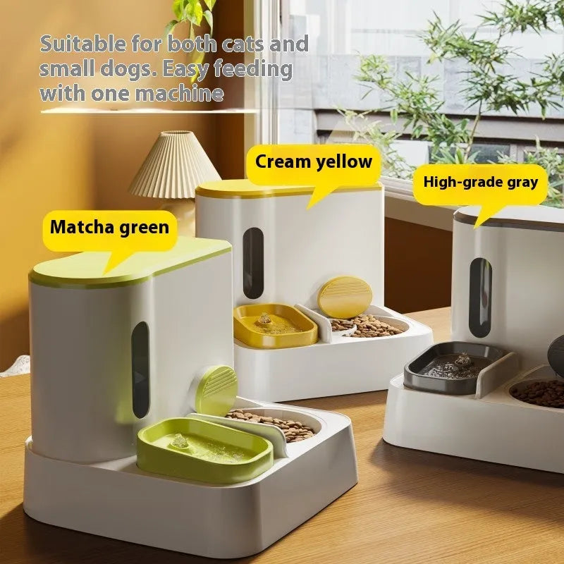 Cat automatic pet feeder water dispenser with integrated double bowl drinking fountain in grey, green or yellow colour options