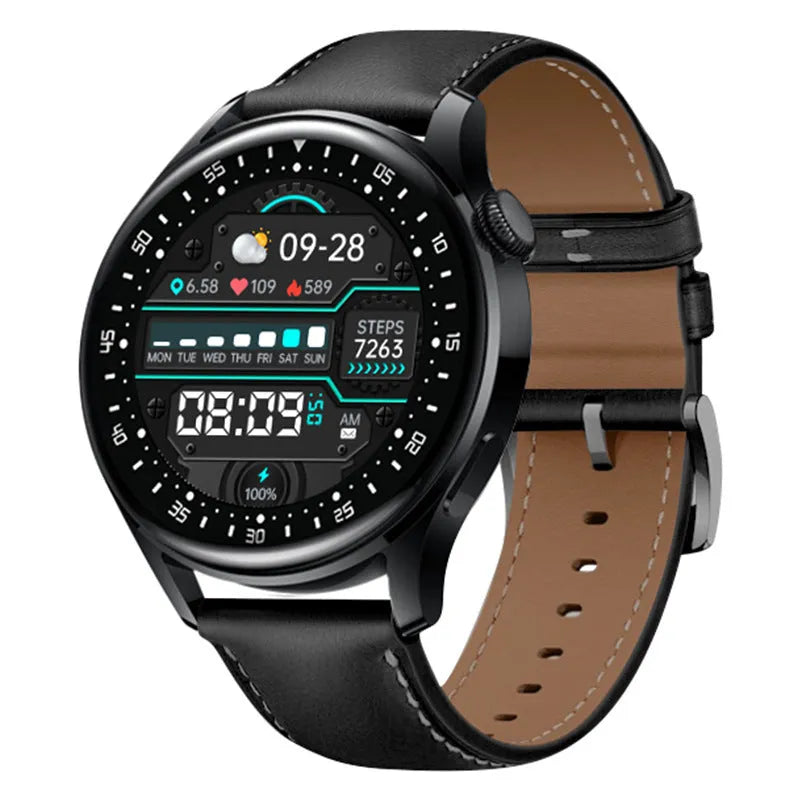 Smart watch with 1.32 inch screen on silicone wristband in black leather finish