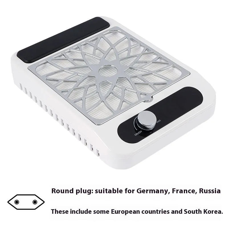 White Q2 style nail dust collector with adjustable speed controls and removable filter net