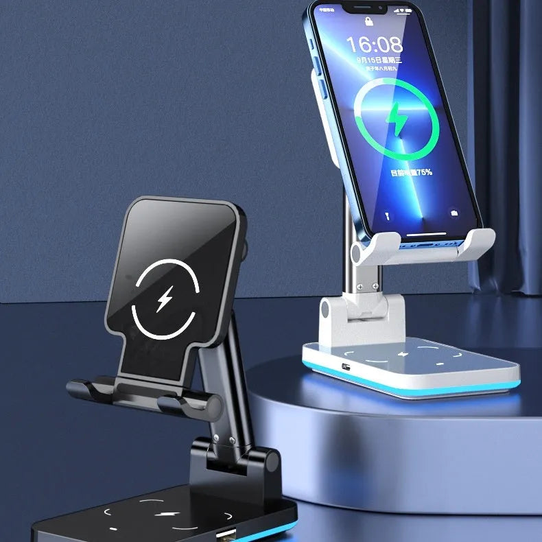 Wireless charging desktop phone holder in black or white with 5W and 15W charging options