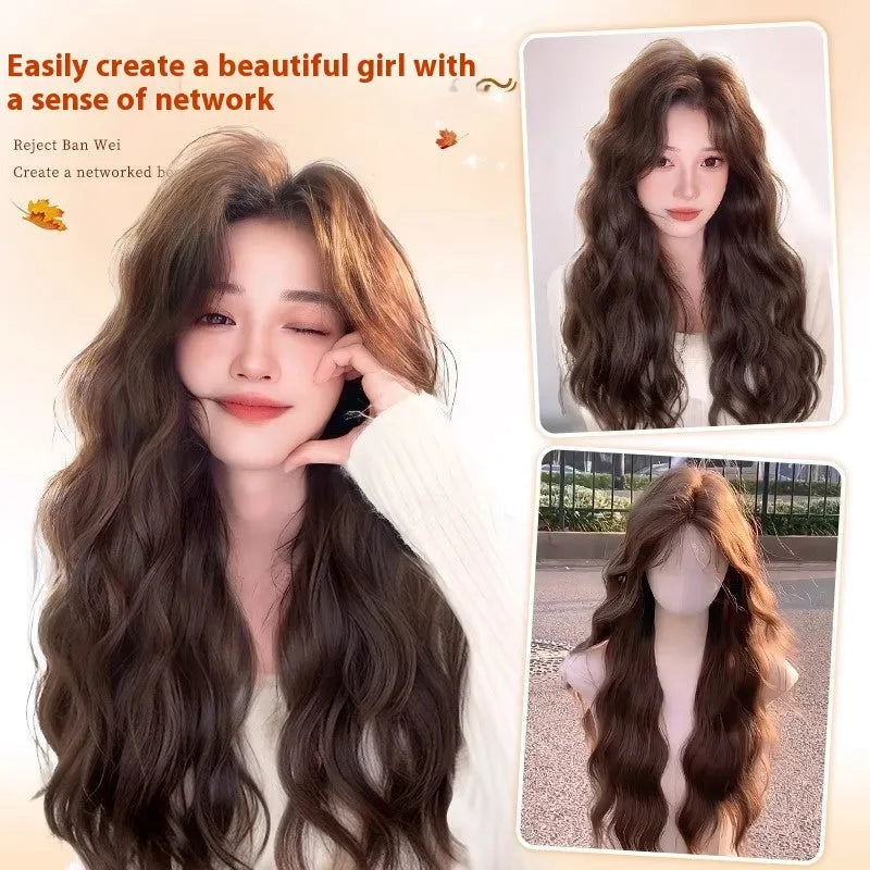 A woman wearing a long curly synthetic wig with side bangs, available in cold brown and brown black colours.
