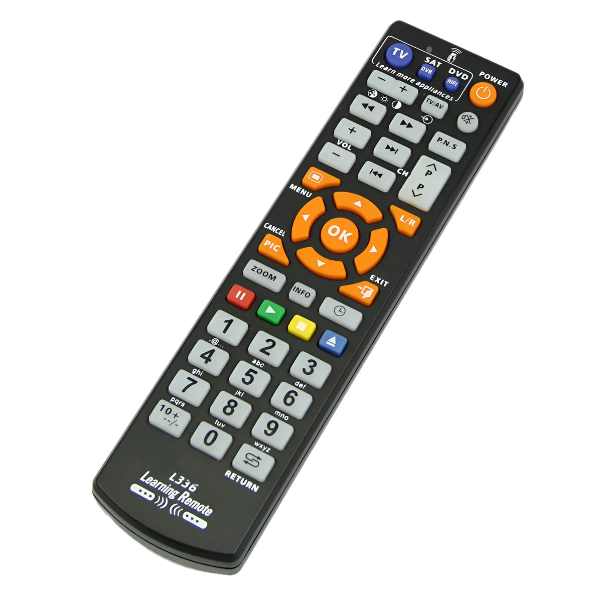Black L336 learning remote control showing button layout and infrared transmitter