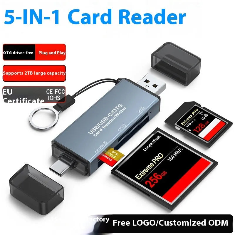 Compact aluminium alloy three-in-one memory card reader for CF, SD, and TF cards with USB and TYPE-C ports.