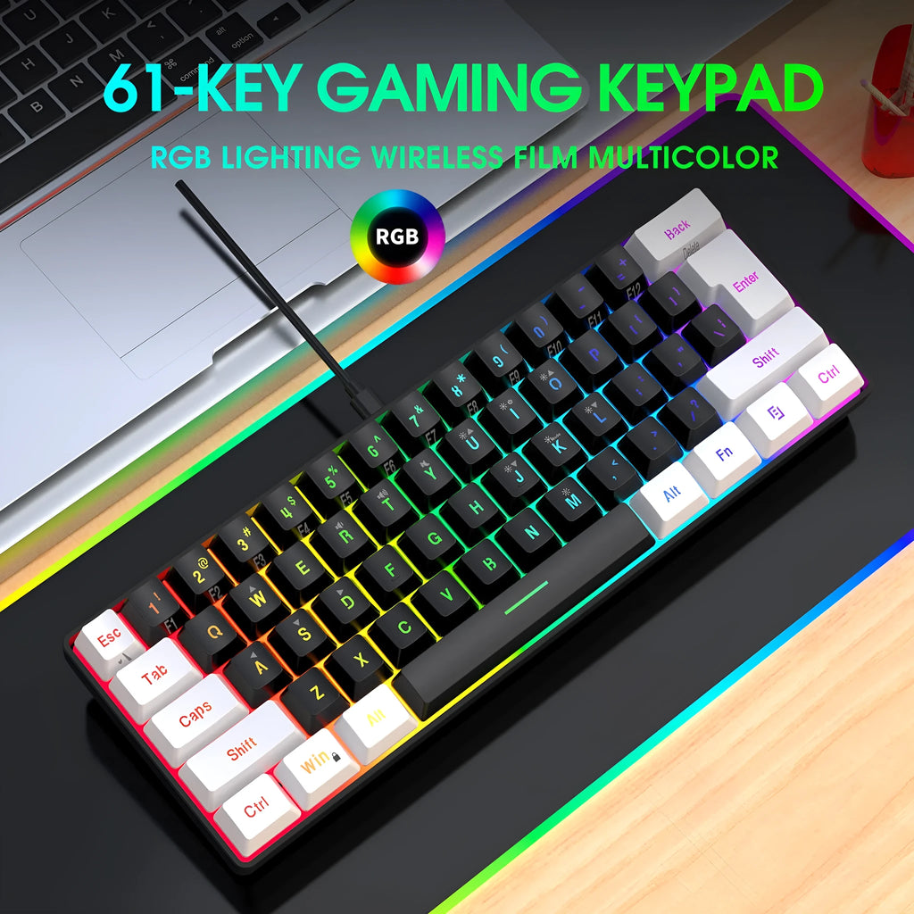 Wired 61-key membrane keyboard with white and black colour scheme showing compact design and USB cable