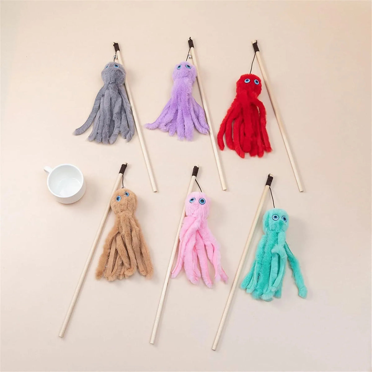 Furry octopus cat toy on 40cm long stick for indoor kitten play in bright colours