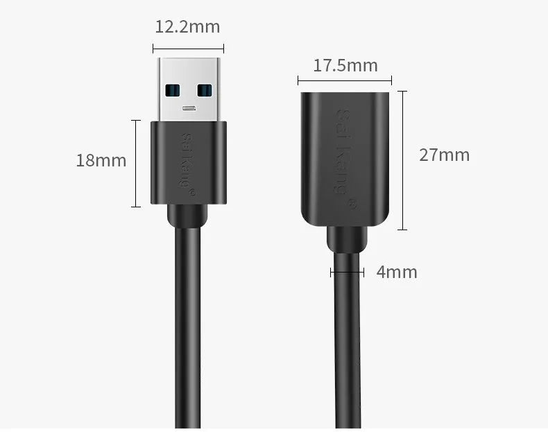 Black USB extension cable with male and female connectors, showing different length options available.