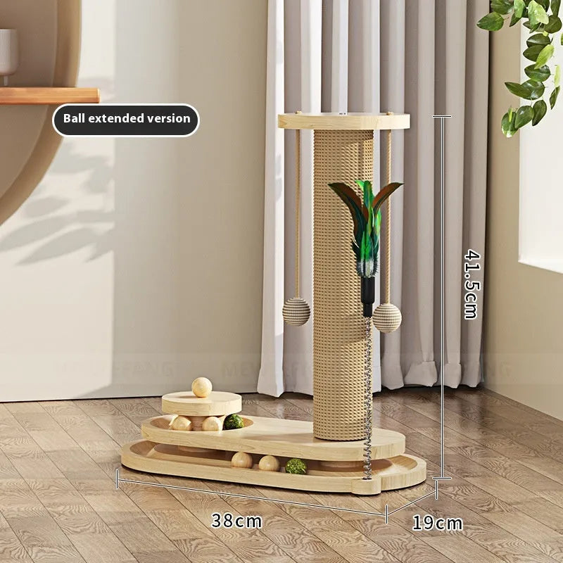 Solid wood cat scratching post with a rotating turntable, designed as a climbing frame for large cats.