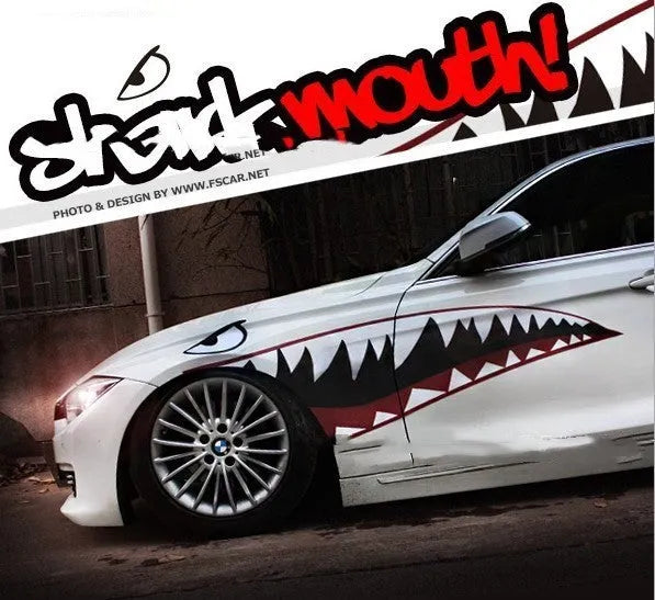 Large shark graphic car sticker on a vehicle door, showcasing the 150cm length PVC decal.