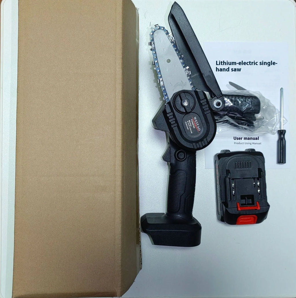 Mini one-hand wireless aluminum chainsaw with rechargeable lithium battery, power cord and instruction manual, 4-inch or 6-inch
