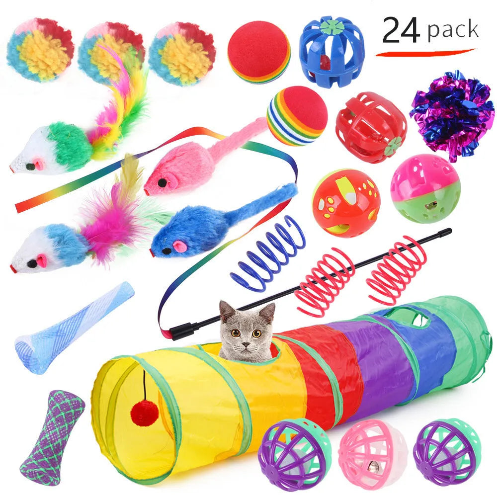 Plastic cat tunnel toy showing a channel structure, available in various colours with small random-colour accessories.
