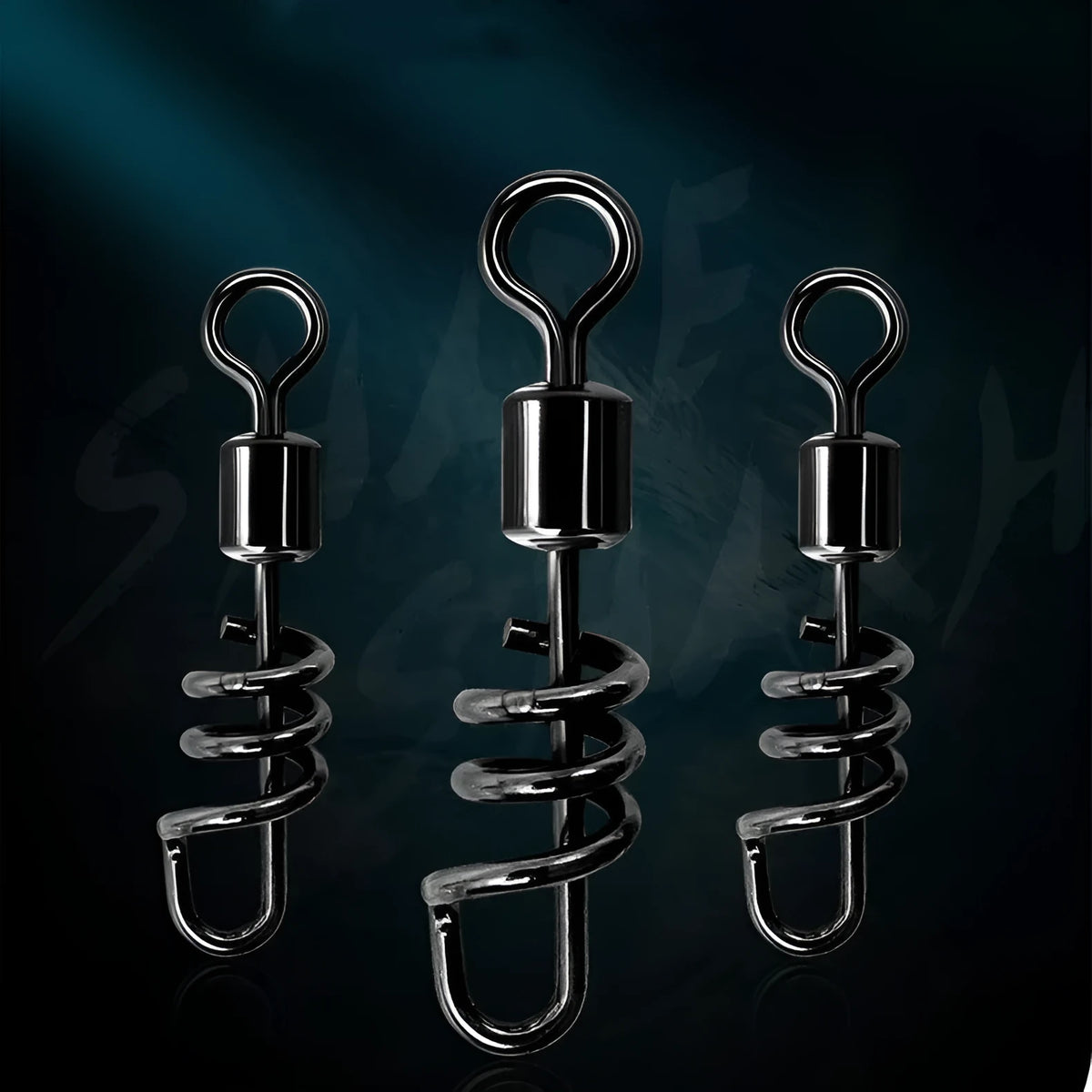 Stainless steel and copper 8-shaped fishing swivel connector in multiple colour-coded sizes on a blue background.
