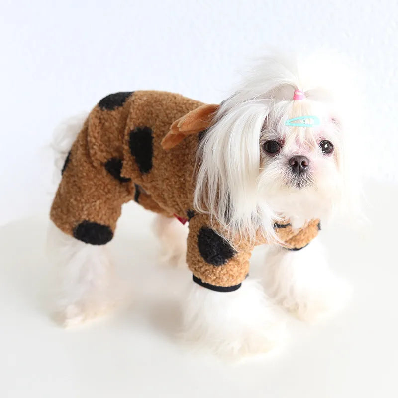 Polka dot pet clothing for dogs and cats with elk design in skirt and four-leg styles