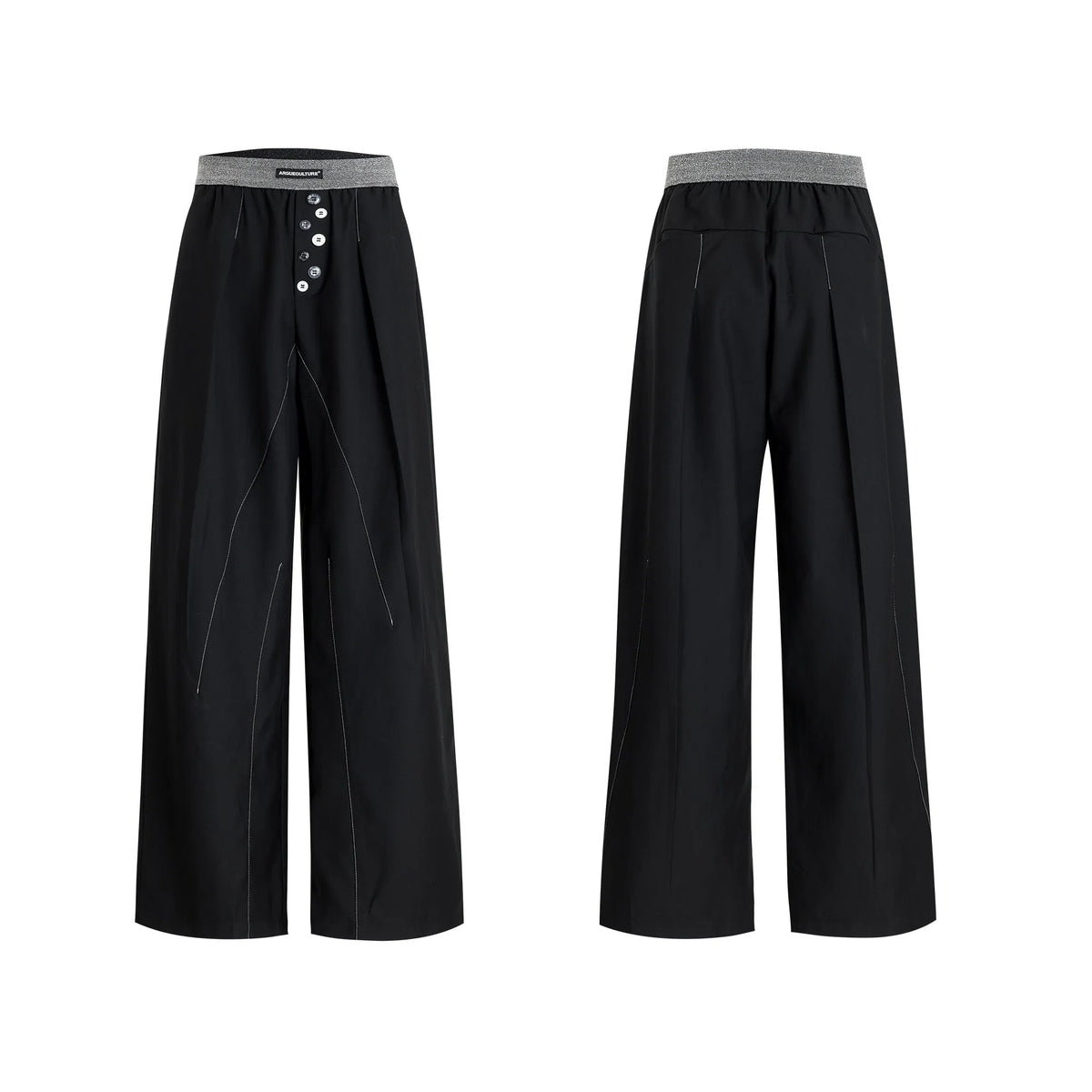 Black straight leg trousers with high waist design and button detail on front