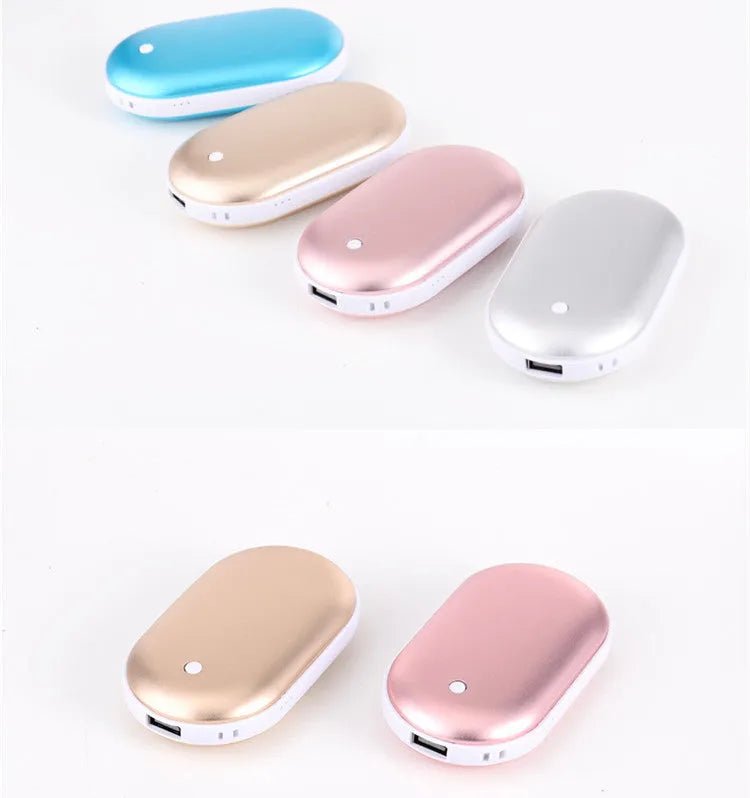 Rechargeable mini hand warmer power bank with digital display in rose gold and blue