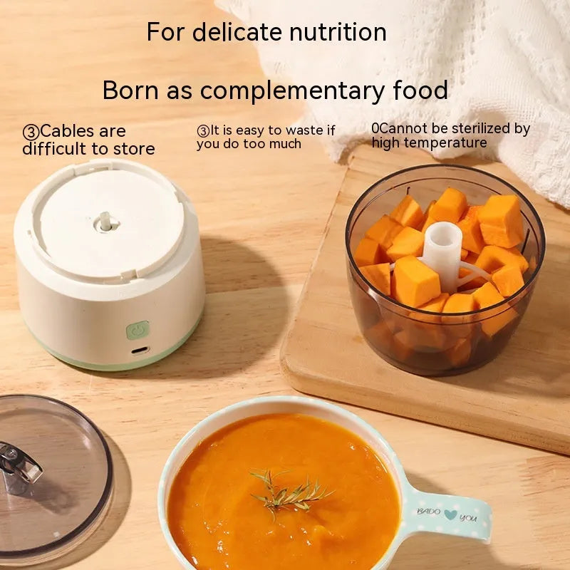 Mini electric meat grinder with transparent bowl and stainless steel blades on anti-slip pad