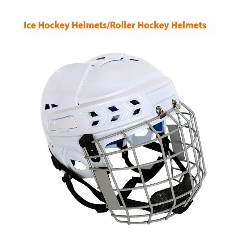 Ice hockey helmet with a carbon steel face mask, shown in a sports setting.