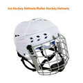 Ice hockey helmet with a carbon steel face mask, shown in a sports setting.