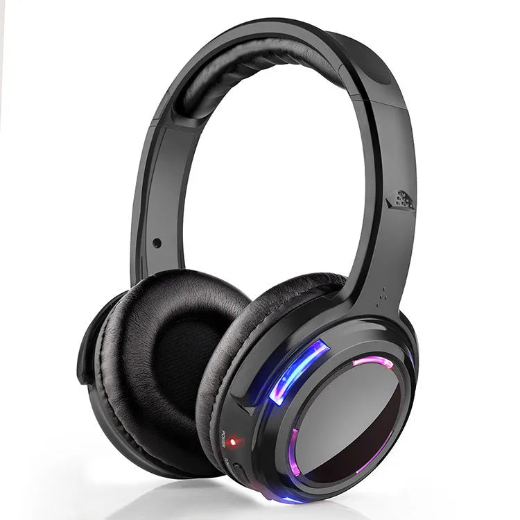 Black over-ear silent disco wireless headphones with a 3.5mm cable, shown on a head model.