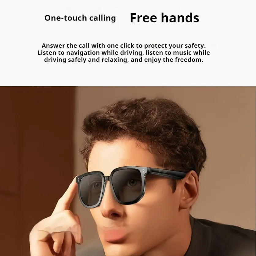 Black smart Bluetooth sunglasses with touch controls on the frame for audio functions