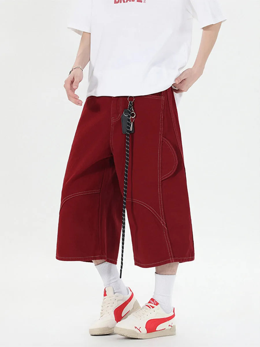 Retro multi-pocket denim workwear shorts in wide leg cropped trousers style