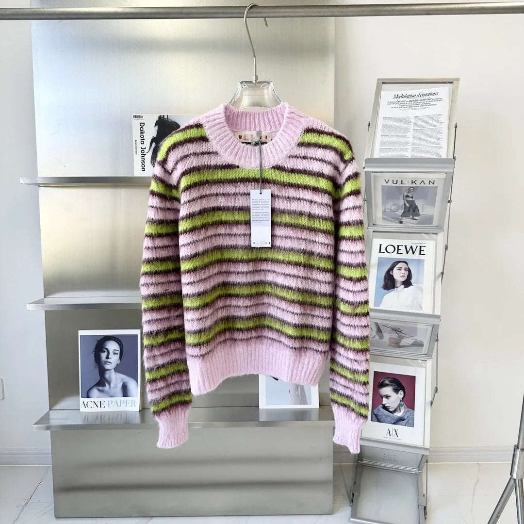 Pink Haima wool knitted cardigan sweater on a hanger, showing round-neck and open cardigan styles.