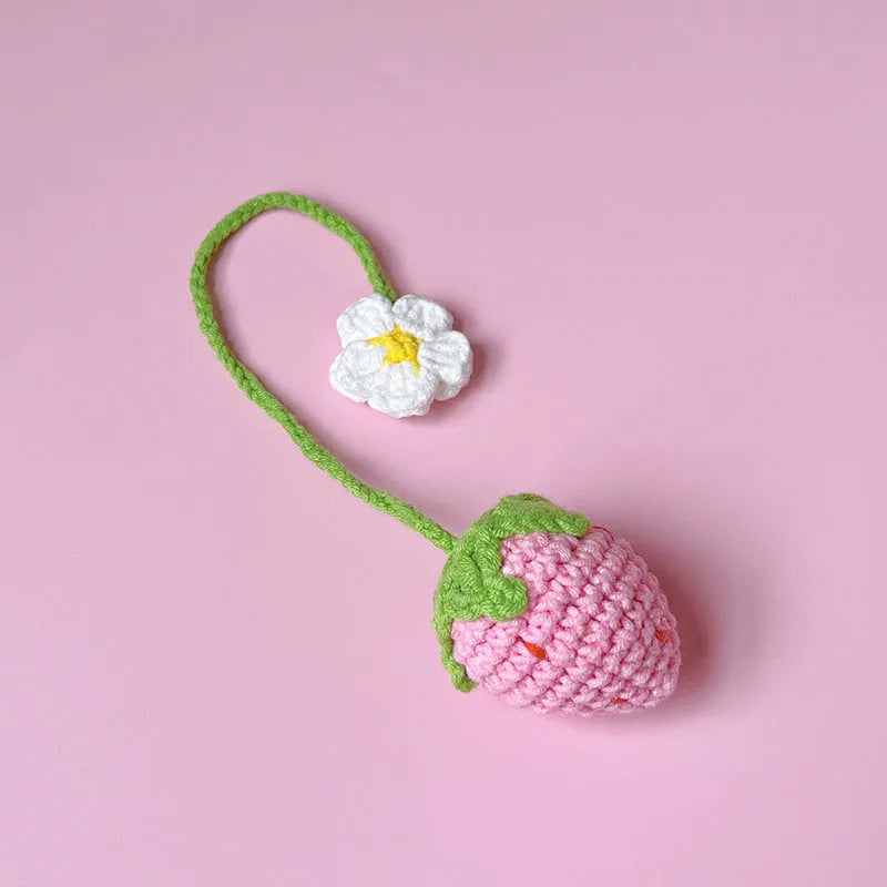 Red knitted wool crochet strawberry pendant with a 35cm hanging cord