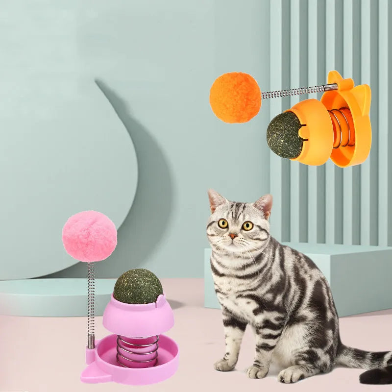 Lucky cat design licking toy with mint ball for cats in blue, orange, or pink colours