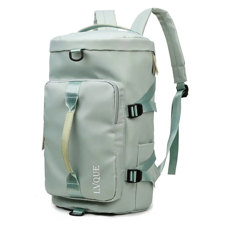 Black convertible nylon gym bag showing backpack, shoulder bag, and handbag modes with separate shoe compartment.