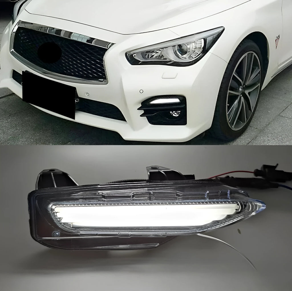 Infiniti Q50 Q70 front bumper LED turn signal and daytime running lamp assembly with ABS housing.