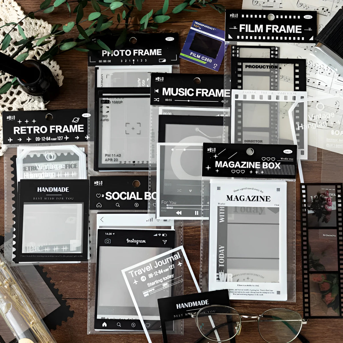 Pack of 15 retro-themed decorative sticker sheets with frame designs on transparent PET paper.